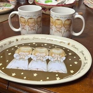 Hallmark Peace Love and Joy to You” Four Angels Coffee Mugs/Tray Houston Harvest